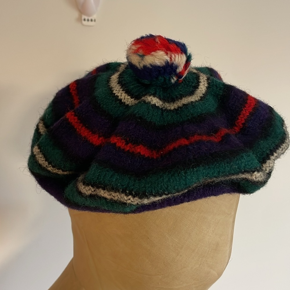 VTG Striped Knit Tam Beret Green Wool Pom Scotland MacKenzie Hat Cap Stripe Navy - Picture 4 of 16